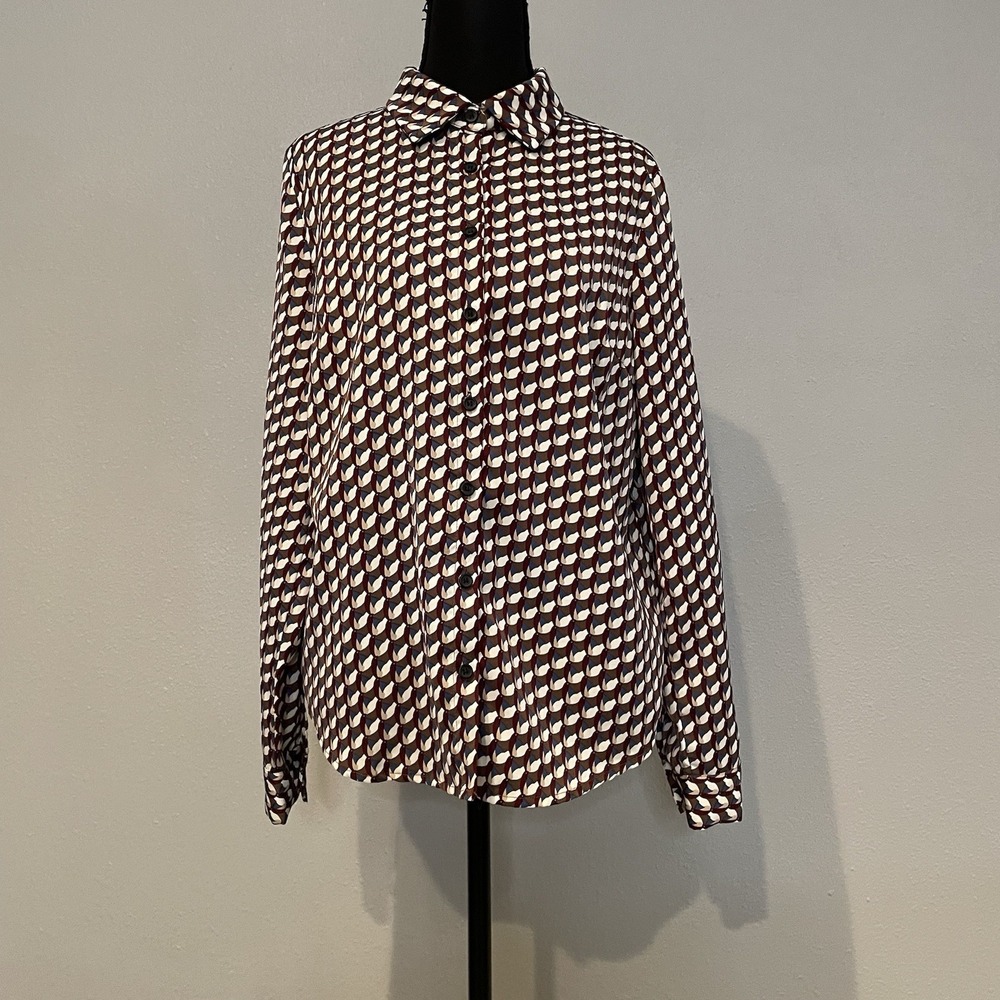 Women's Long Sleeve Button-Up Blouse Size Medium Maroon White Blue Top